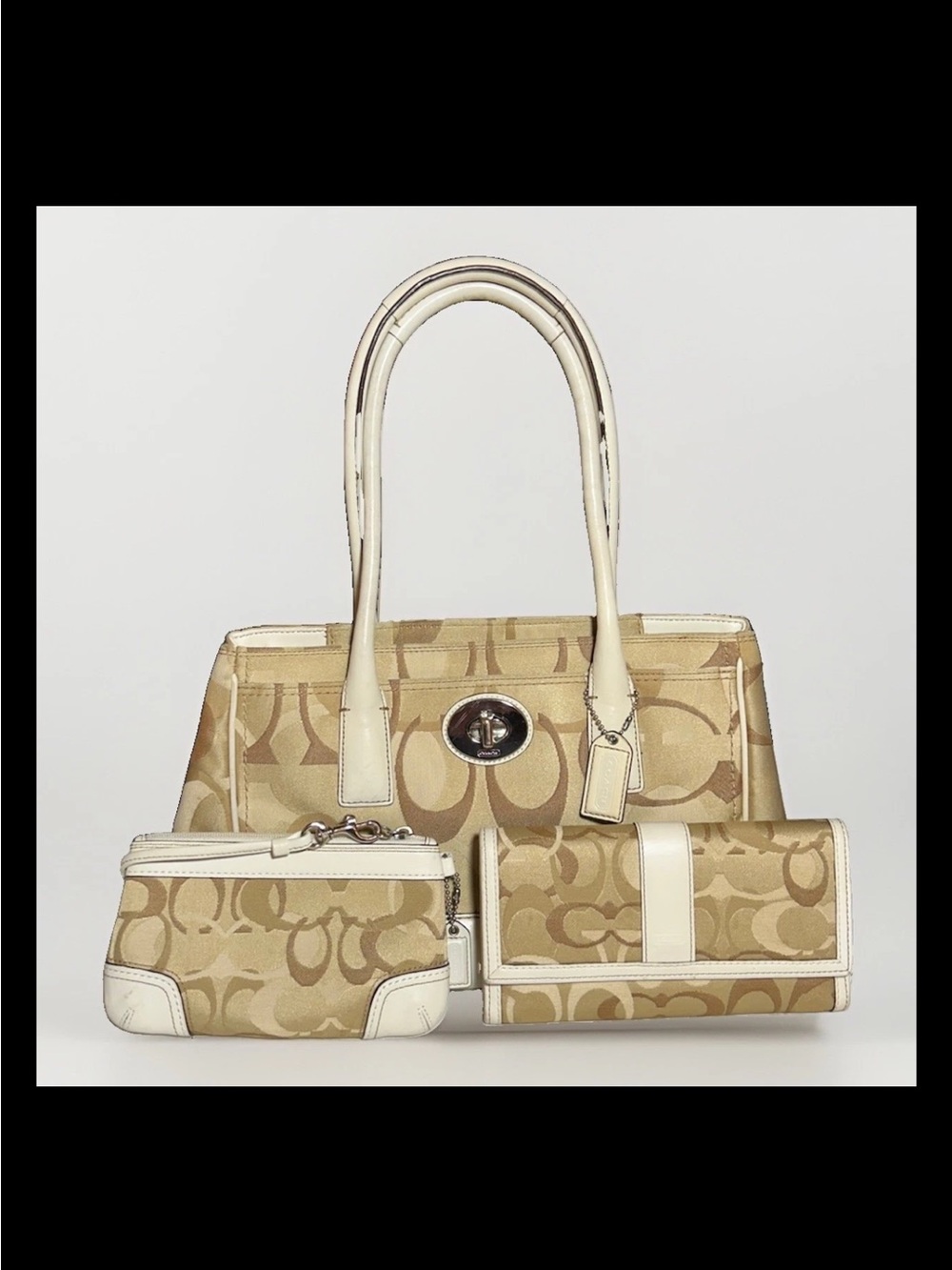 Coach Madeline Satchel,Wallet,Wristlet Set-Khaki Optic Print, White Leather 2007